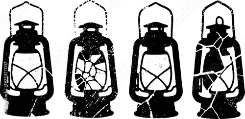 Old vintage lanterns silhouette set with cracked and broken glass panes