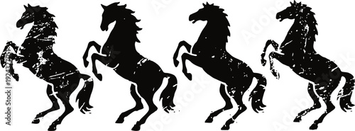 Four black horse silhouettes rearing up in dynamic motion on white background