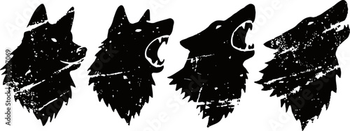 grunge wolf head silhouettes set showing different howling and roaring poses