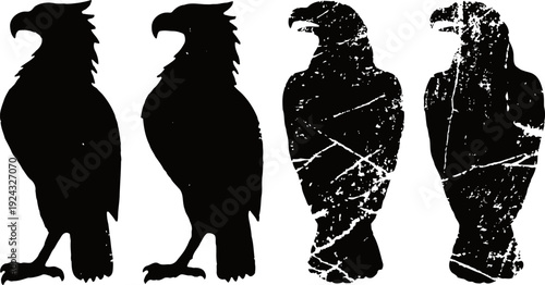 Eagle silhouette set with scratched, worn vintage bird of prey icons with textured effect