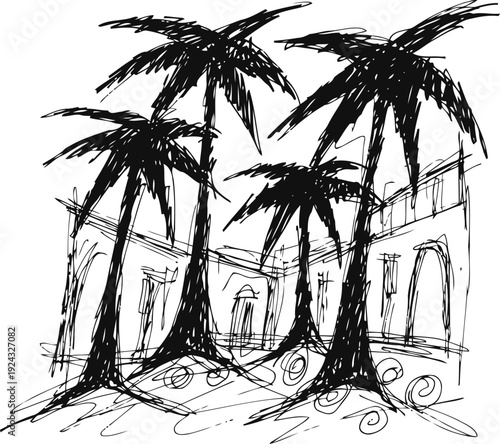 Sketch of courtyard with tall palm trees and arched windows in a simple black ink drawing