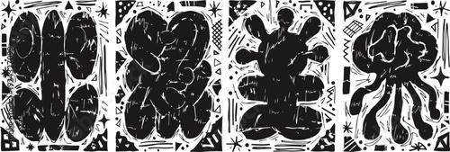 Abstract black and white tribal art set with symmetrical organic shapes and bold graphic patterns