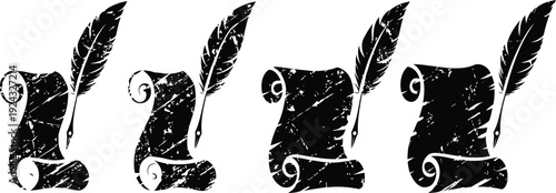 Vintage quill pen and parchment scroll icons set, antique writing tools symbol collection