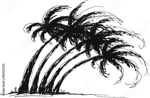 tropical palm trees sketch hand drawn bending palms with curved trunks and fronds