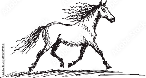 Black ink drawing of a galloping horse with flowing mane and tail in motion sketch