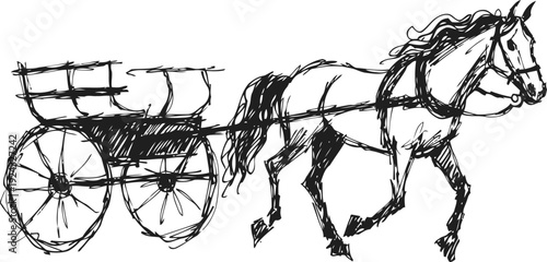 Vintage horse drawn carriage sketch with detailed wheels and harness, classic transportation illustration