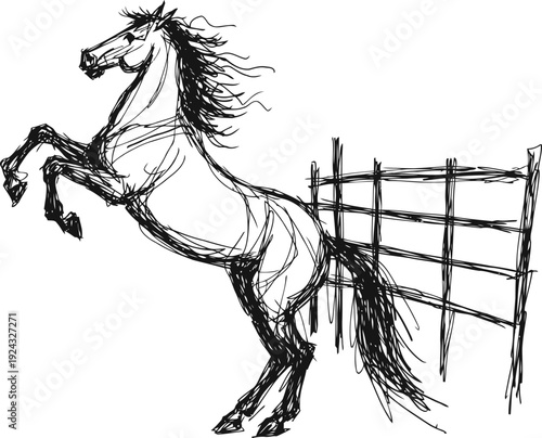 galloping horse sketch with dynamic flowing mane and tail, rearing near wooden fence