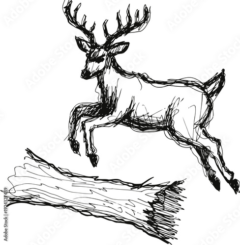 hand drawn deer jumping over a log, wildlife sketch with detailed antlers and dynamic pose