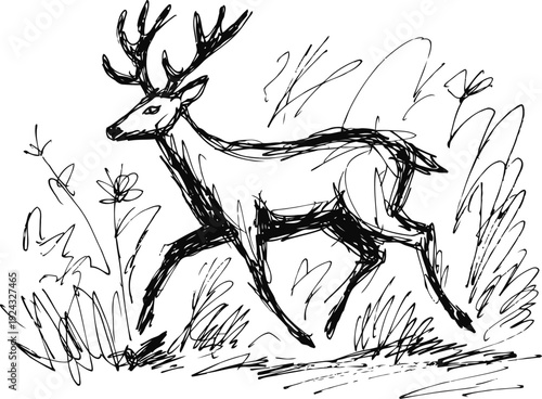 Hand drawn deer sketch in natural habitat with grass and plants, wildlife illustration
