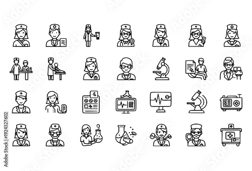 Medical Professionals Outline Icons – 30 Doctor Vector Symbols on White Background