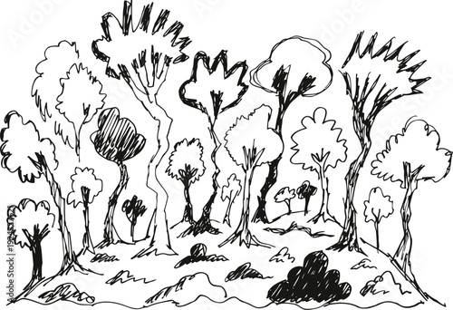 Hand drawn forest sketch with various tree shapes in black and white, nature outline drawing