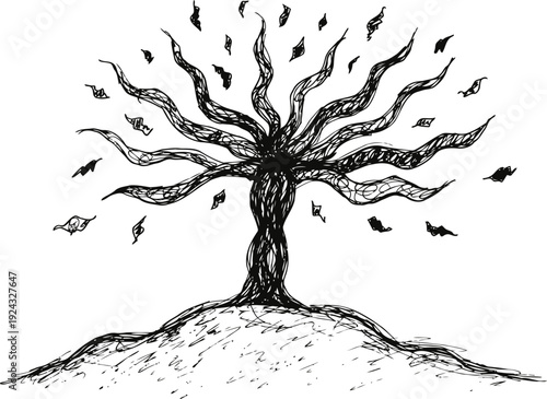 Abstract twisted tree with swirling branches and floating leaves on a small hill in black ink