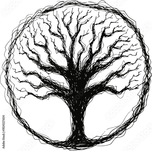 Abstract black tree silhouette with many branches enclosed in a circular border design