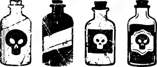 Vintage poison bottles collection with skull labels old toxic medicine containers, grunge design