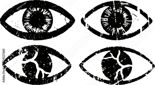 Vintage grunge eye symbols set hand drawn black and white abstract eye illustrations with textured distress effect