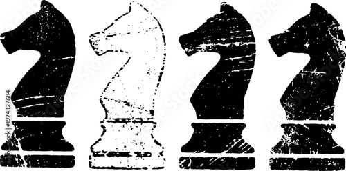 Four distressed chess knight icons in black and white with a vintage grunge texture effect