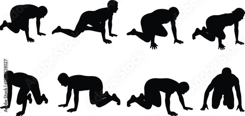 Athlete Sprinter Starting Position Silhouette Set in Crouch Start Pose, Track and Field Running Training Illustration Isolated on White Background