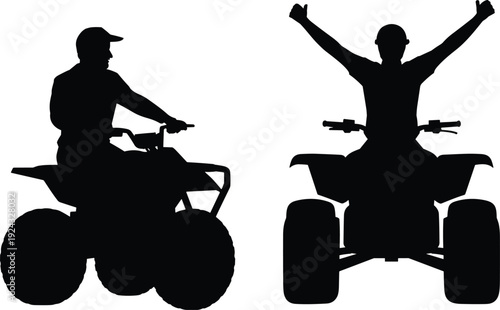 ATV Rider Silhouette Set with Off Road Quad Bike Driver Raising Arms in Victory, Extreme Adventure Motorsport Illustration Isolated on White Background