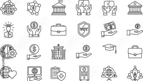 Business and finance line icons collection with banking, healthcare, insurance, education, global network and corporate investment symbols isolated on light background vector illustration