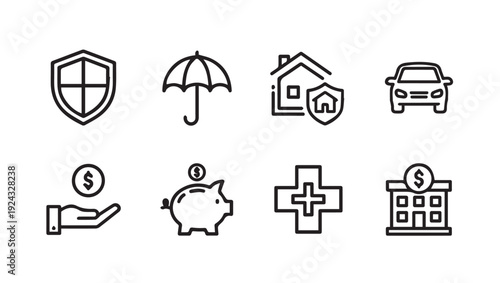 Collection of Insurance and Finance Icons: Shield Umbrella Home Car Hand with Coin Piggy Bank Cross Building. Stock Icons