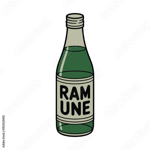 A bottle of Ramune soda sits on a white background.