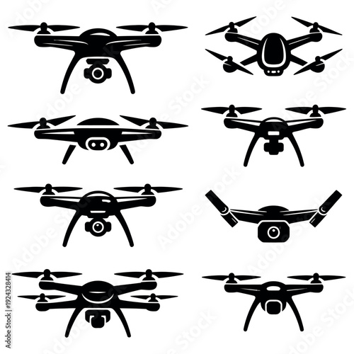 Collection of drone aircraft quadcopters in various perspectives, aerial photography unmanned vehicles with cameras, technology devices