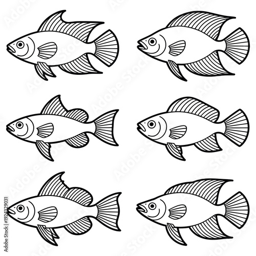 Set of black and white line art illustrations depicting various fish species, a collection of stylized aquatic animals perfect for coloring
