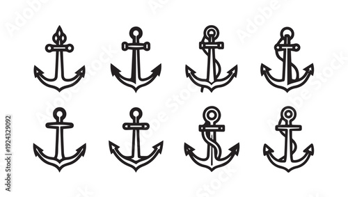 Collection of nautical anchor icons and symbols maritime theme vector illustration