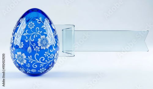 Blue transparent decorative  Easter egg with  floral pattern and glass ribbon on white background with space for text.