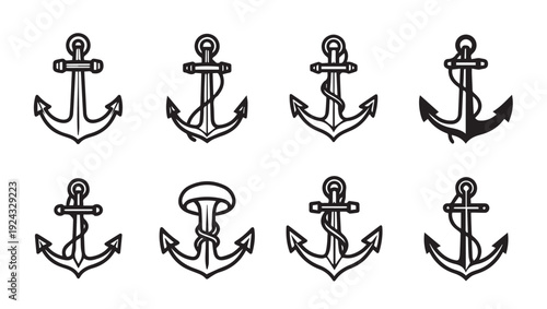 Collection of Nautical Anchors Line Art Icons Set Vector Illustration