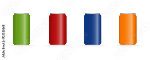 Mock up tin cans vector. Four vibrant cans stand tall in a row, showcasing green, red, blue, and orange hues.