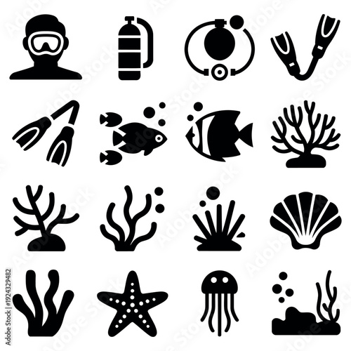 Underwater exploration icons containing scuba mask oxygen tank flippers and starfish with coral reef jellyfish sea shell and tropical fish symbols set isolated on white background