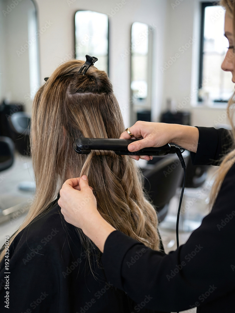 Fototapeta premium Hair styling process at a salon with a stylist using a flat iron