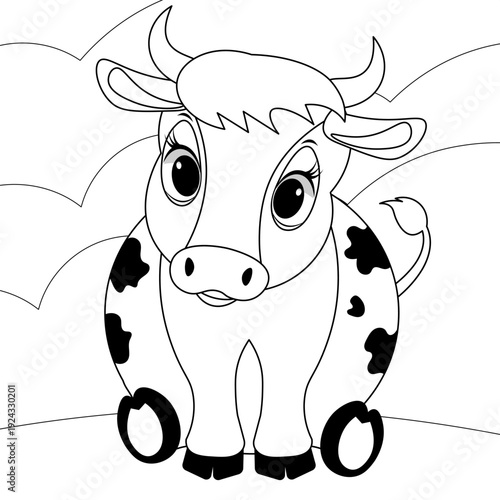 Farm animals. Cute farm. The spotted cow is sitting. Coloring page template for kids. Editable vector