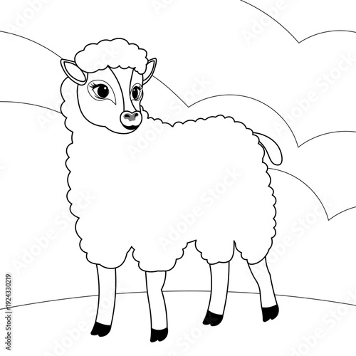Farm animals. Cute farm. Sheep in the meadow. Coloring page template for kids. Editable vector