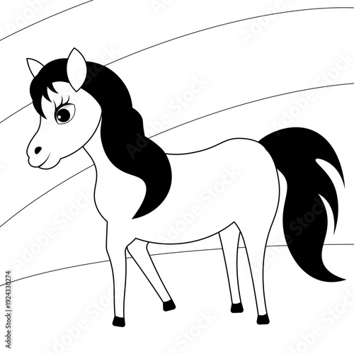 Farm animals. Cute farm. A cute pony stands on a hill. Coloring page template for kids. Editable vector