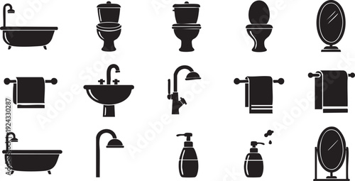 Black and white bathroom including bathtubs toilets sinks mirrors and showers bathroom black white background