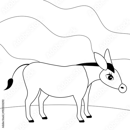 Farm animals. Cute farm. The donkey is standing in the meadow. Coloring page template for kids. Editable vector