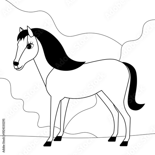 Farm animals. Cute farm. The horse is standing on the lawn. Coloring page template for kids. Editable vector