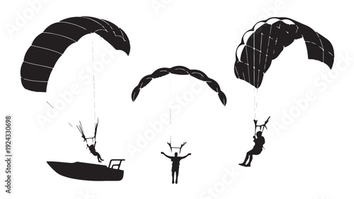 Paragliding Vector Illustration With Silhouettes Of People Flying And Equipment For Adventure And Sports Concepts