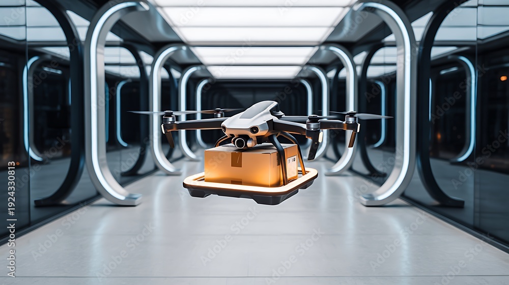 Fototapeta premium Autonomous delivery drone in futuristic warehouse corridor