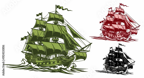 Set of 3 Vintage Sailing Ships Vector Illustrations