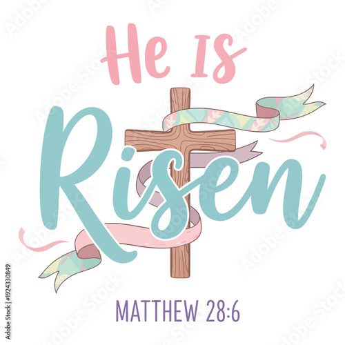 He Is Risen Matthew 28:6 Pastel Christian Cross with Ribbon Design