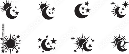 Black and white celestial with suns moons and stars