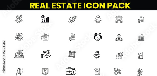 Property and Real Estate Outline Icons – Linear Editable Stroke Icon Collection for Home, Building, Construction, Location Pin, Investment Vector Illustration Bundle