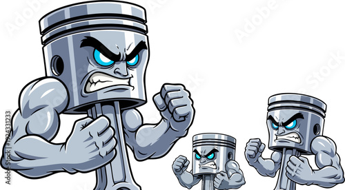 Angry cartoon engine pistons with muscular arms in fighting stance. Includes three pistons of varying sizes with glowing blue eyes and aggressive expressions. Created in comic book style with a