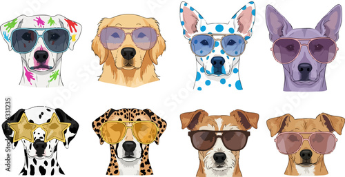 Eight dog faces wearing sunglasses vector collection. Includes dalmatian, golden retriever, chihuahua, and mixed breed dogs. Created in a detailed cartoon style with a colorful palette.