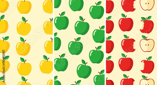 Apple seamless pattern collection. Includes yellow, green, and red whole and bitten apples. Created in flat cartoon style with a light yellow background.