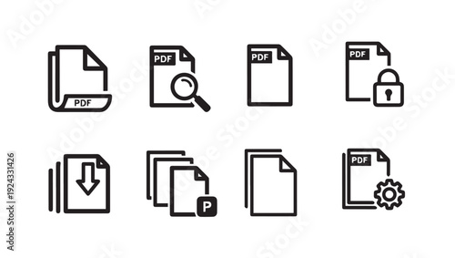 Document Icons Set: PDF Search Download Lock Layers Settings
