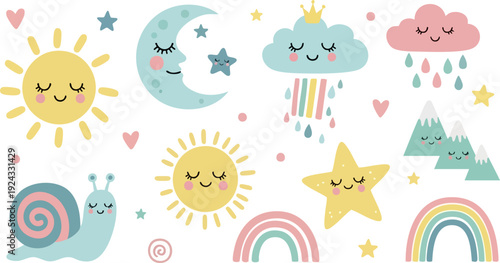 Cute weather and nature icon collection. Includes sun, moon, stars, clouds, rain, mountains, snail, and rainbows. Created in flat cartoon style with pastel color palette.